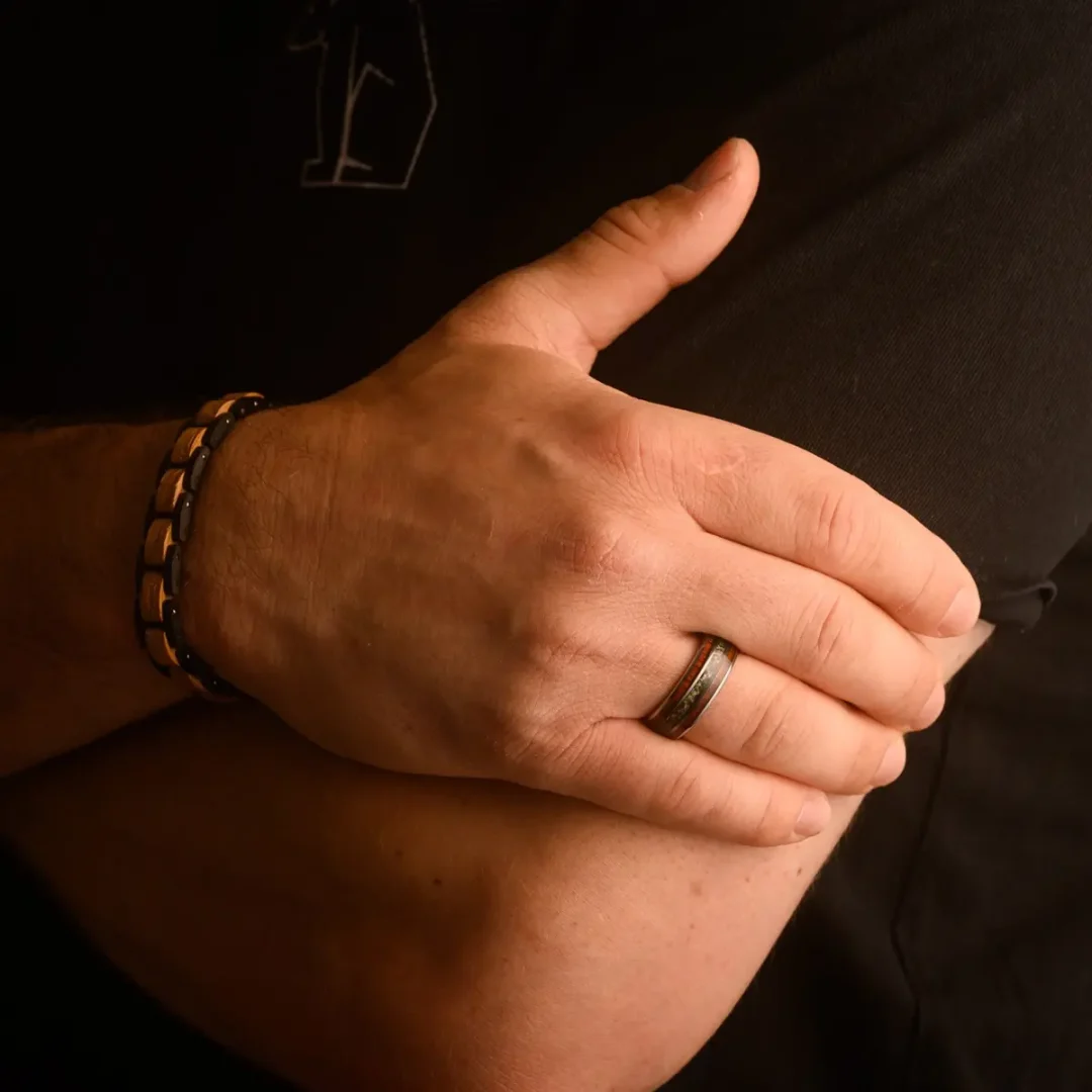 Dwalin Moss Agate & Rosewood Steel Men's Ring by Botanica
