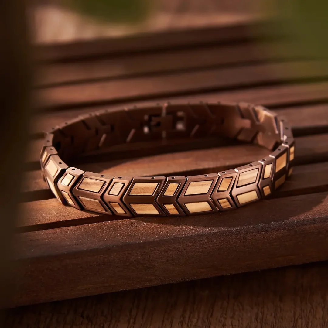 Ragnar Reclaimed Whiskey Barrel Wood & Rose Gold Steel Bracelet