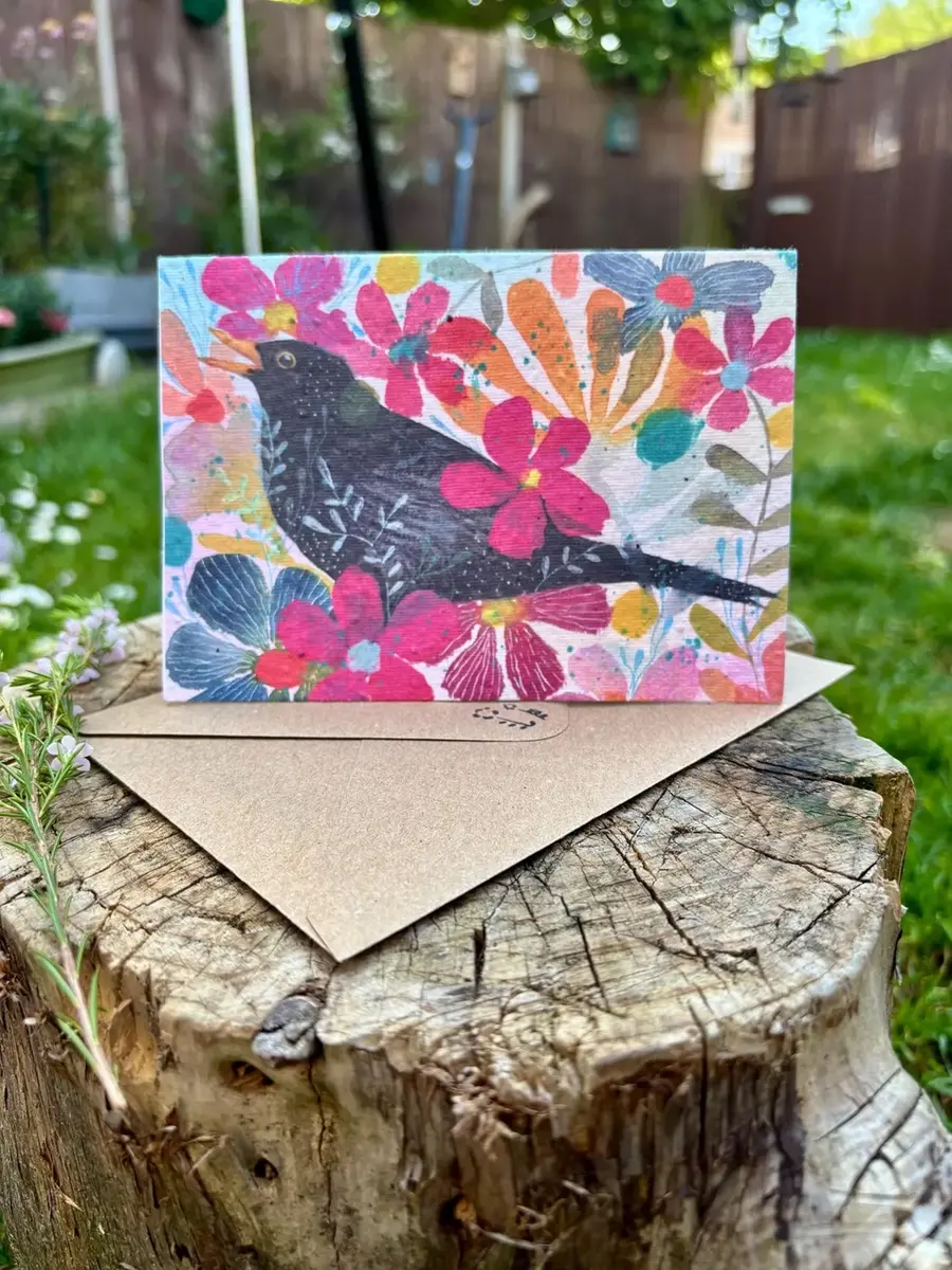 Vibrant Floral Blackbird Plantable Seed Paper Card 5