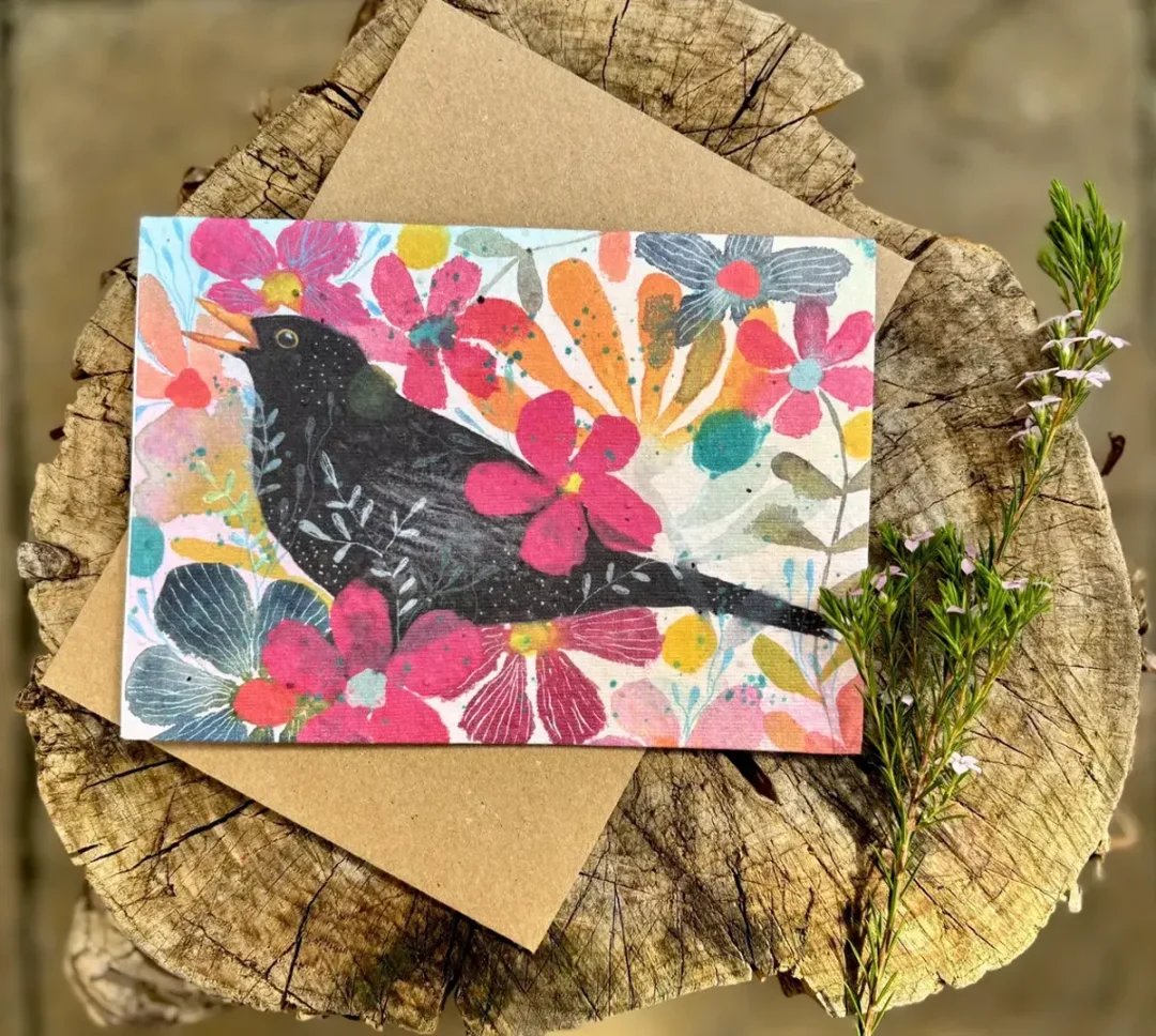 Vibrant Floral Blackbird Plantable Seed Paper Card