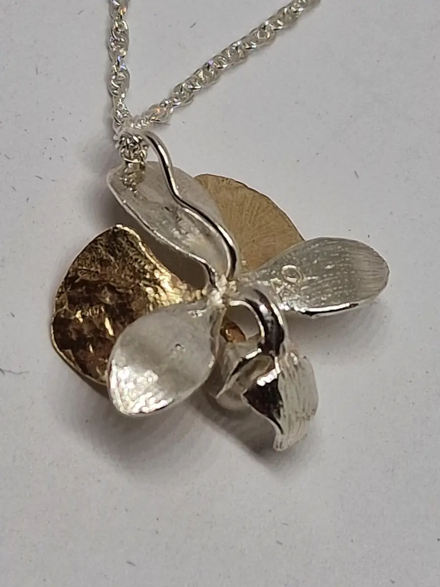 9ct Gold, Pearl & Sterling Silver Moth Orchid Pendant Necklace