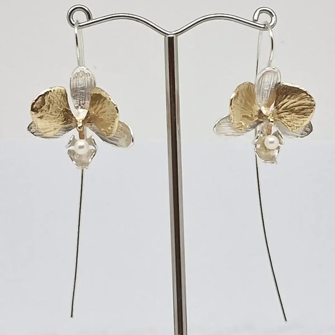 9ct Gold, Pearl & Sterling Silver Moth Orchid Drop Earrings