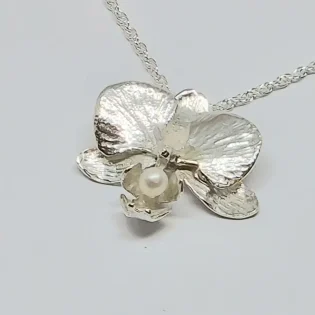 Sterling Silver & Pearl Moth Orchid Pendant Necklace