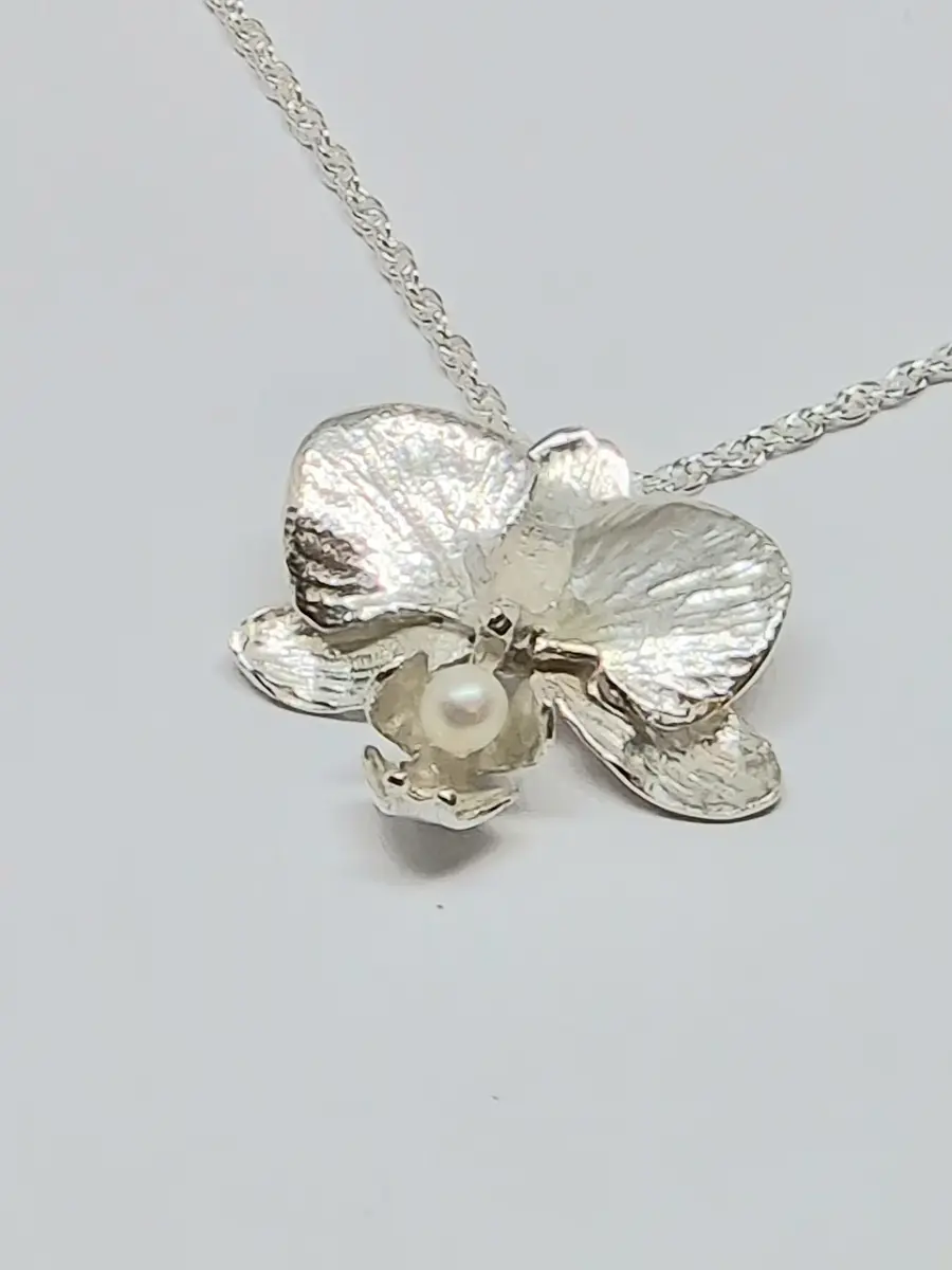 Sterling Silver & Pearl Moth Orchid Pendant Necklace