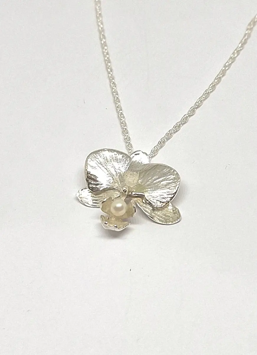 Sterling Silver & Pearl Moth Orchid Pendant Necklace