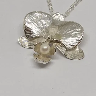 Sterling Silver & Pearl Moth Orchid Pendant Necklace