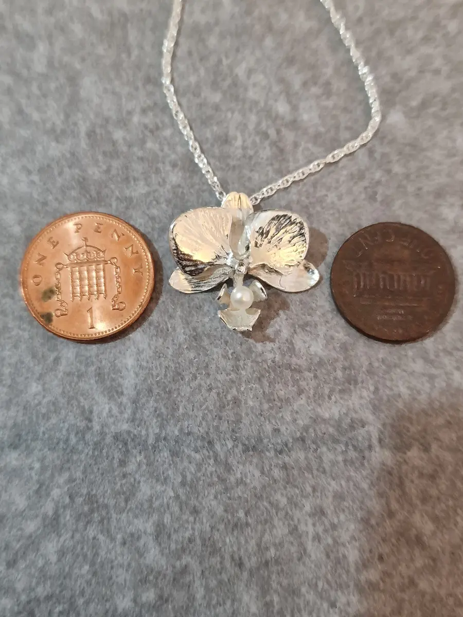 Sterling Silver & Pearl Moth Orchid Pendant Necklace