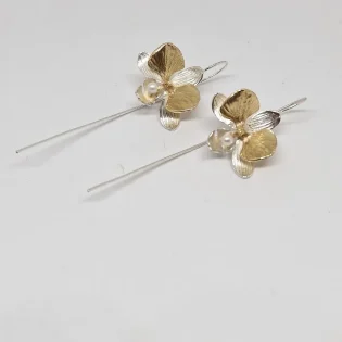 9ct Gold, Pearl & Sterling Silver Moth Orchid Drop Earrings