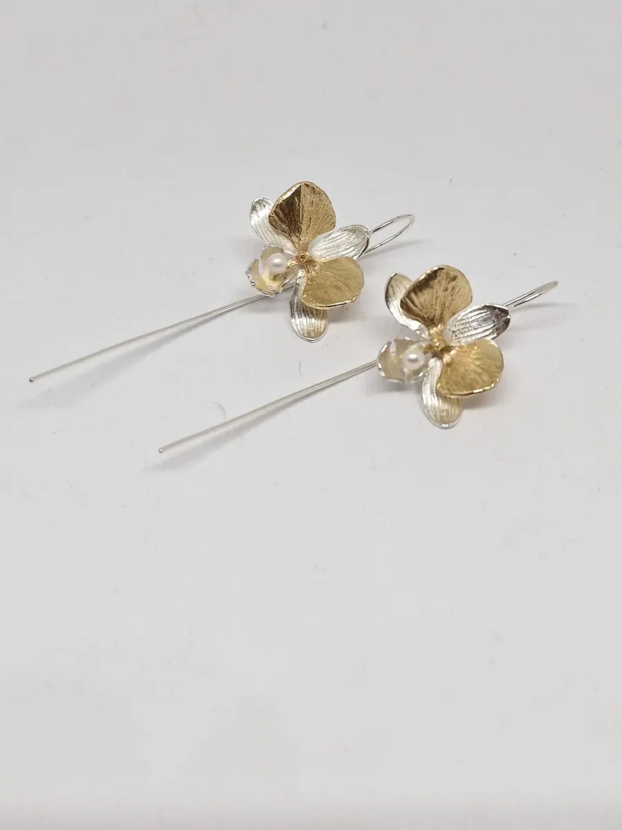 9ct Gold, Pearl & Sterling Silver Moth Orchid Drop Earrings