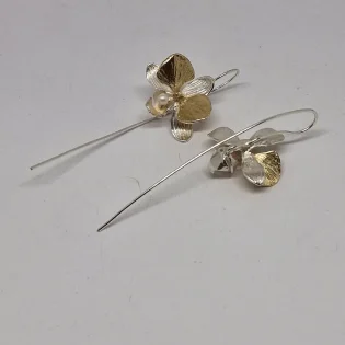 9ct Gold, Pearl & Sterling Silver Moth Orchid Drop Earrings