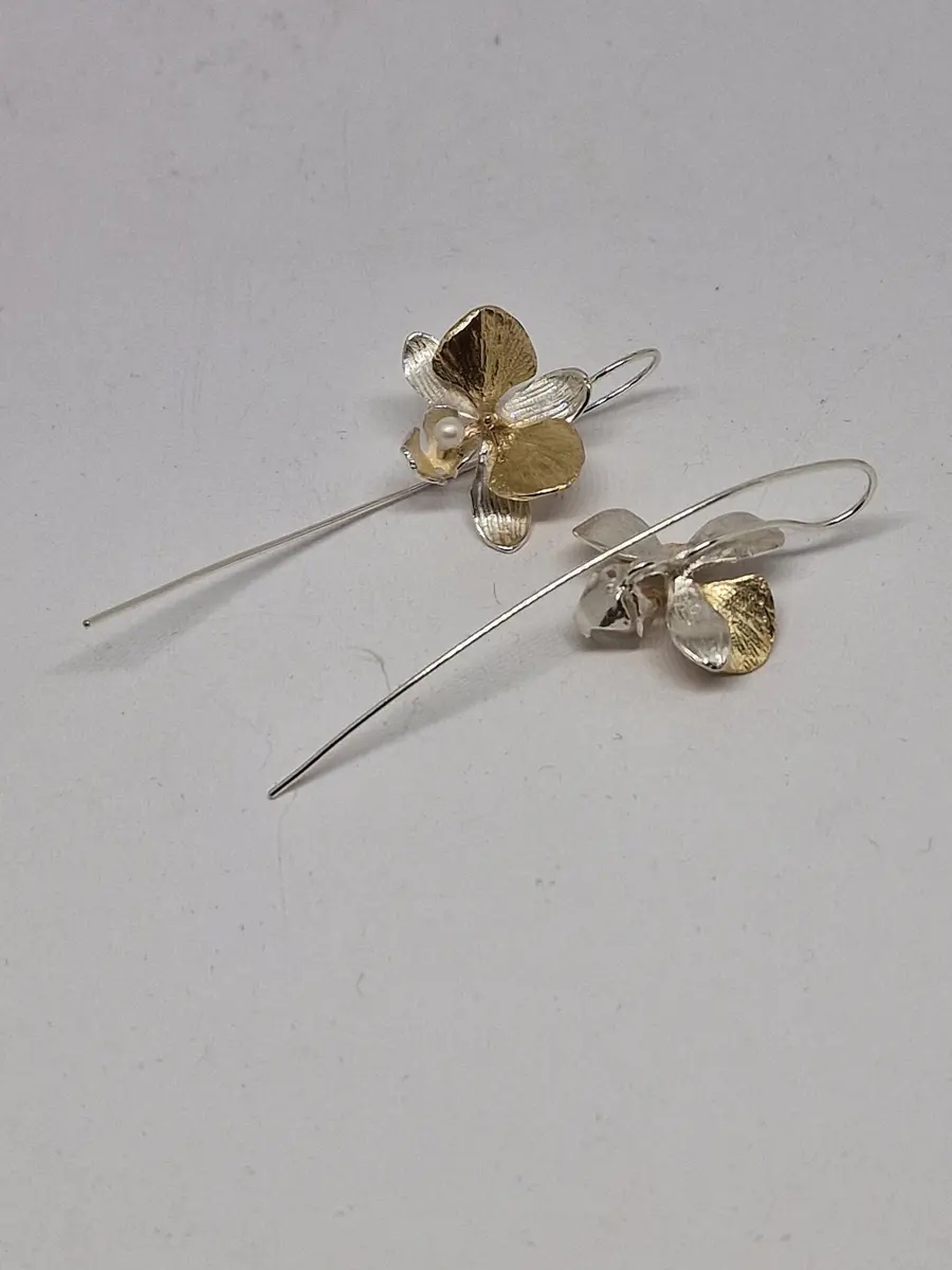 9ct Gold, Pearl & Sterling Silver Moth Orchid Drop Earrings