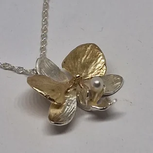 9ct Gold, Pearl & Sterling Silver Moth Orchid Pendant Necklace
