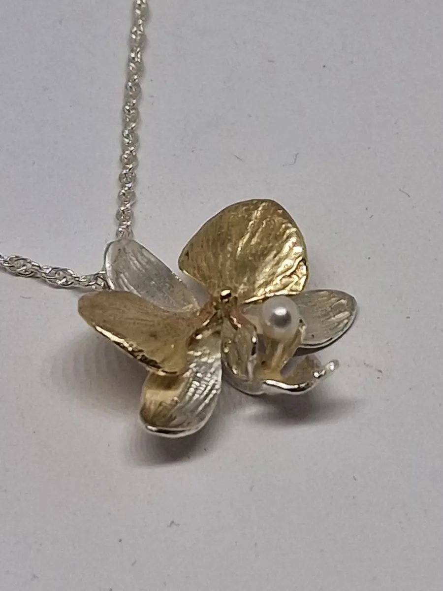 9ct Gold, Pearl & Sterling Silver Moth Orchid Pendant Necklace