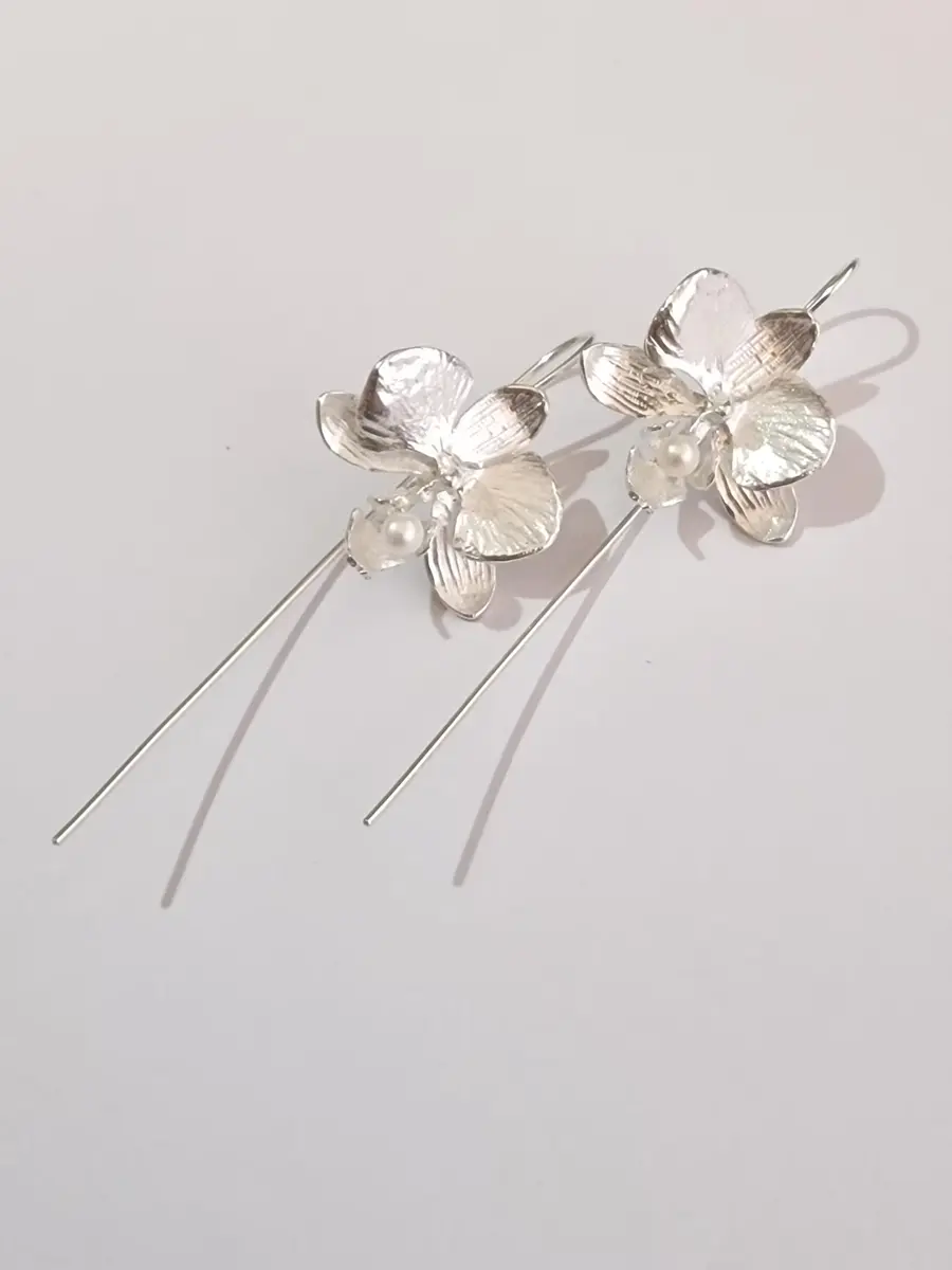 Sterling Silver & Pearl Moth Orchid Drop Earrings