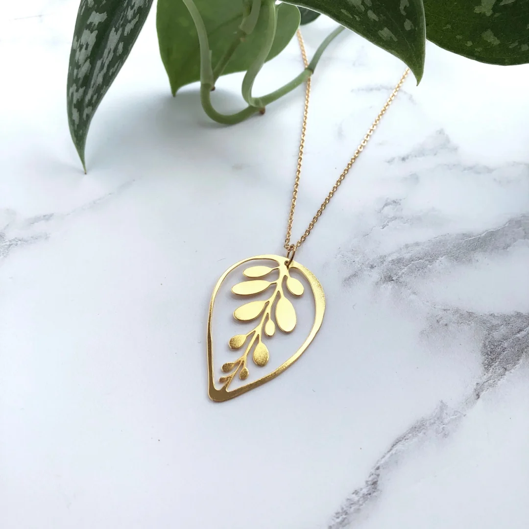 Gold Calathea Makoyana Leaf Necklace 2