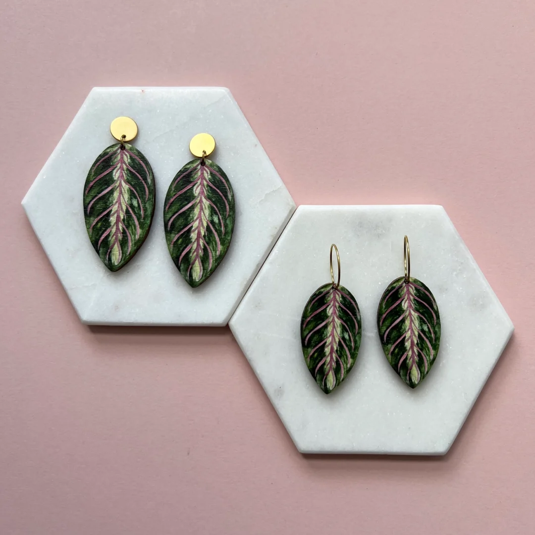 Maranta Leaf Wooden Drop Stud Earrings by Mica Peet 1