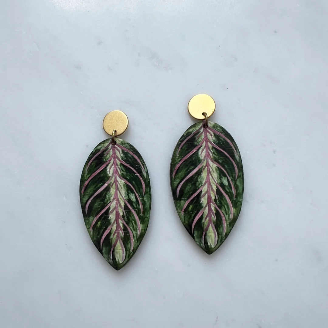 Maranta Leaf Wooden Drop Stud Earrings by Mica Peet 2