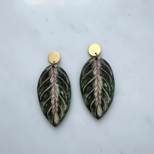Maranta Leaf Wooden Drop Stud Earrings by Mica Peet 2