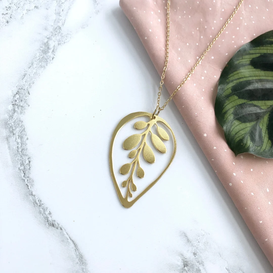 Gold Calathea Makoyana Leaf Necklace by Mica Peet