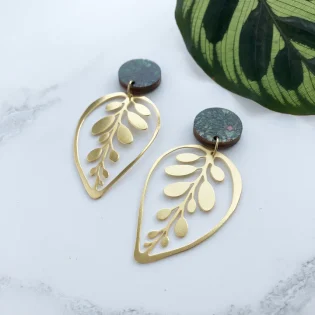 Gold Calathea Makoyana Drop Stud Earrings by Mica Peet