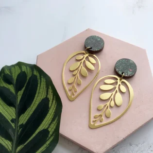 Gold Calathea Makoyana Drop Stud Earrings by Mica Peet